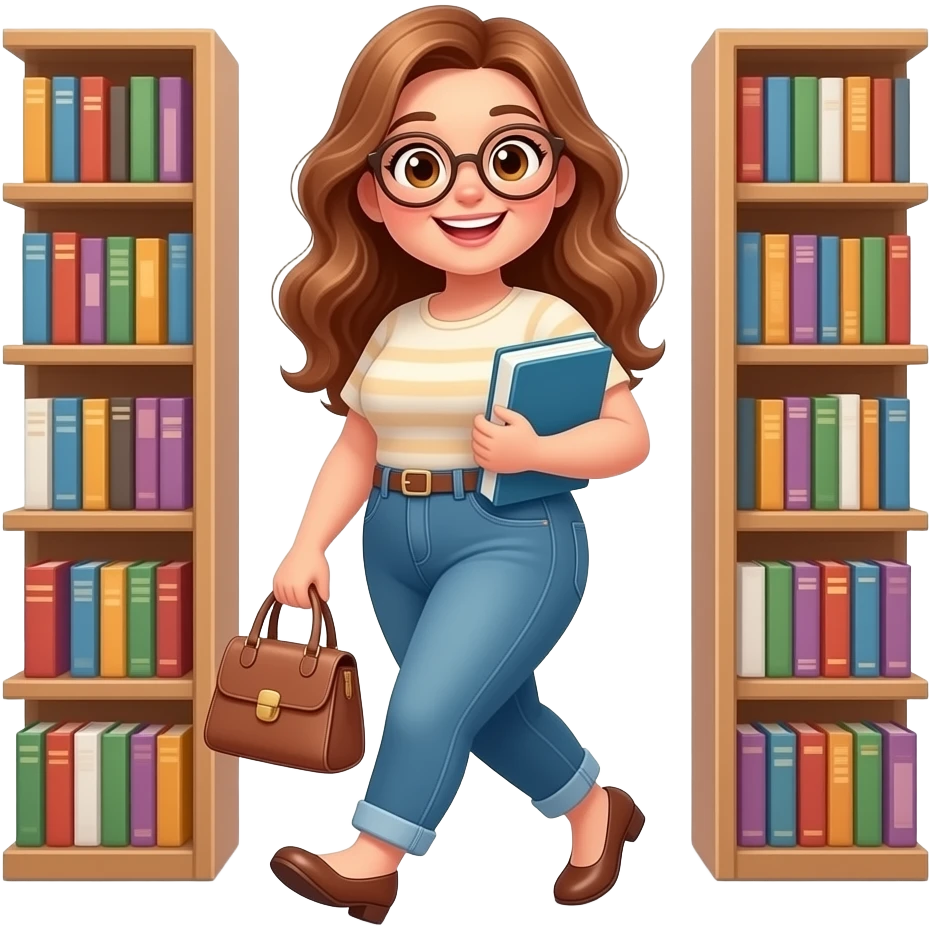 detailed emoji illustration of a curvy woman with long light brown wavy hair, light brown eyes and round glasses walking out of a bookstore with a handbag and books, happy book lover vibe, cute emoji style emoji