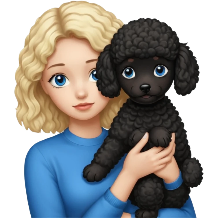 blonde girl with blue eyes holding black puppy poodle emoji