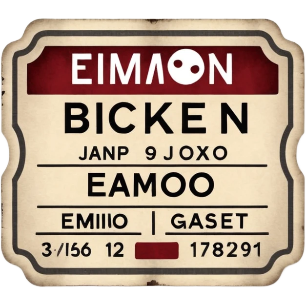 Minimalist emoji-style sticker of an old torn cinema ticket, with faded text “EMMO”, blood-stained edges and burn holes, grayscale paper

 emoji
