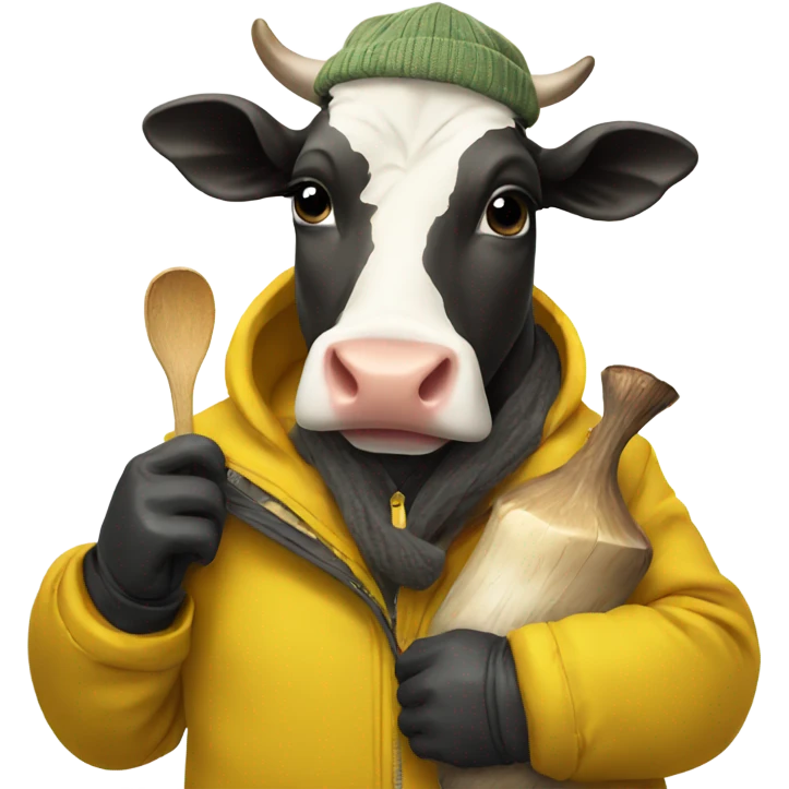 A cow wearing a mustard jacket skiing and holding a mushroom emoji
