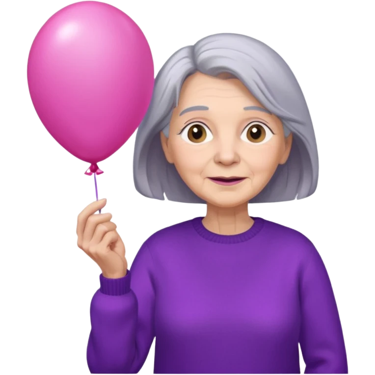 old lady, long grey hair, purple sweater, hold pink balloon emoji