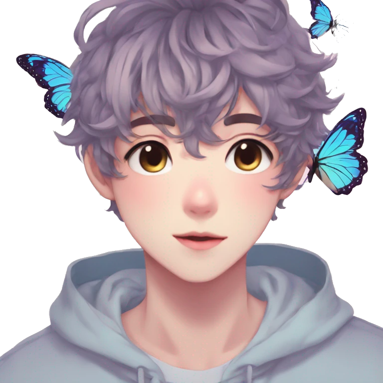 Gorgeous pastel anime style boy with blushing face and butterflies aesthetic trending style emoji