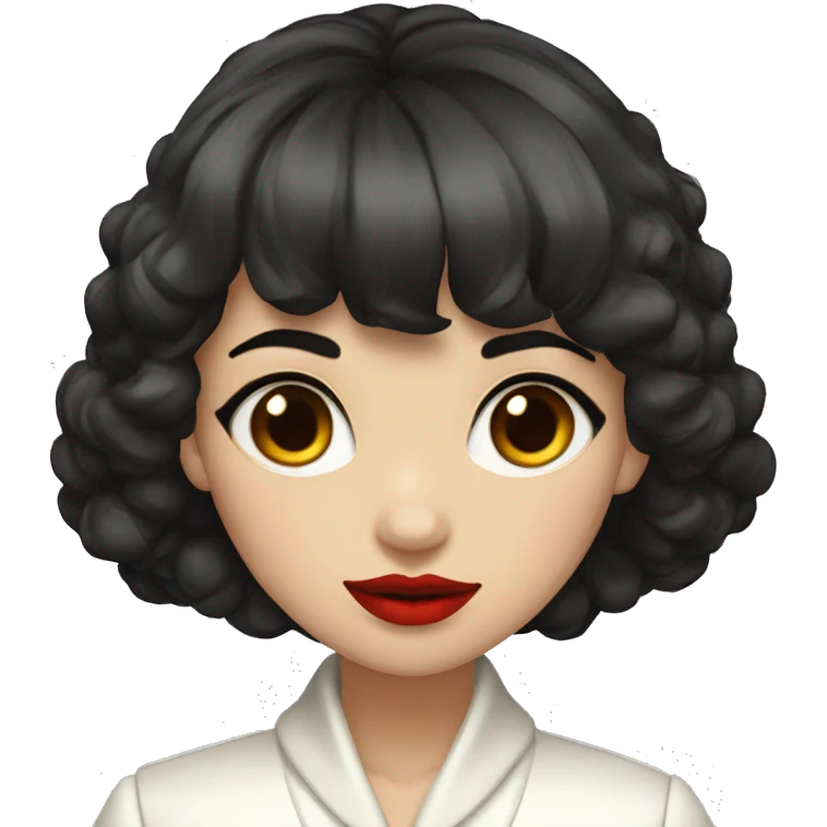 girl dark hair short to the shoulders and bangs, red lips , white coat with stosce emoji