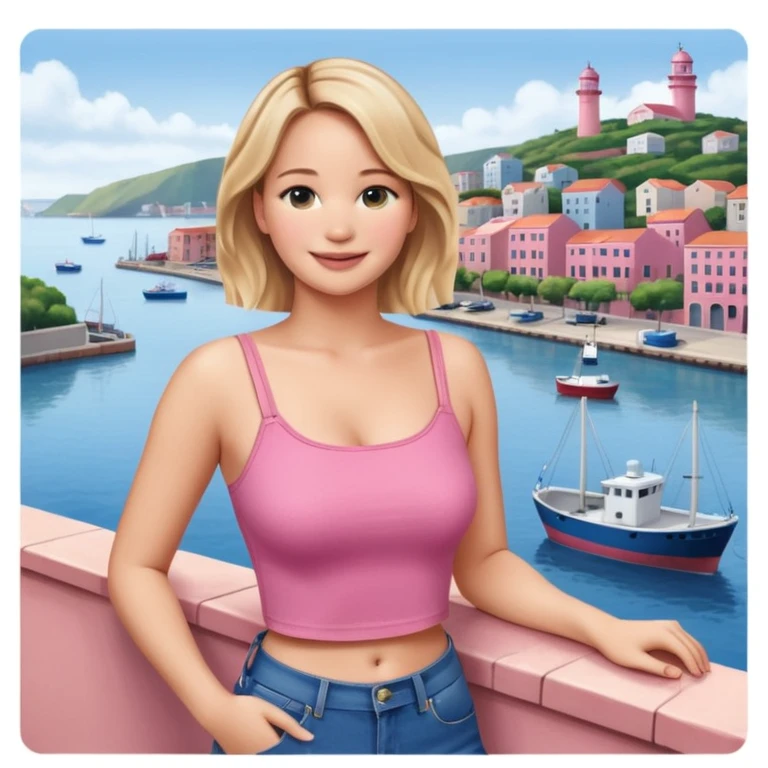 jennifer lawrence, pink crop top, and blue jeans, leaning on a balcony with a harbor and cityscape in the background, smiling emoji