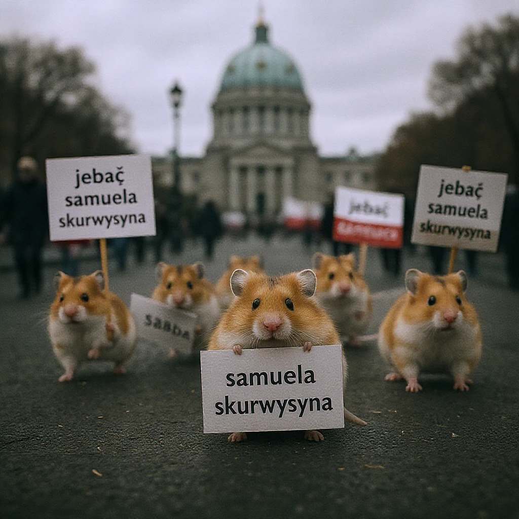 Cinematic shot of a group of hamsters takes over polish sejm. some of them has signs with "jebać samuela skurwysyna". emoji