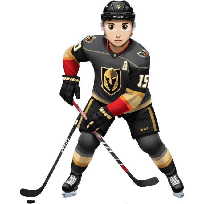 A hockey player in a Vegas Golden Knights black & gold jersey, red accent glow, centered stance, stick on the ice, faceoff position emoji