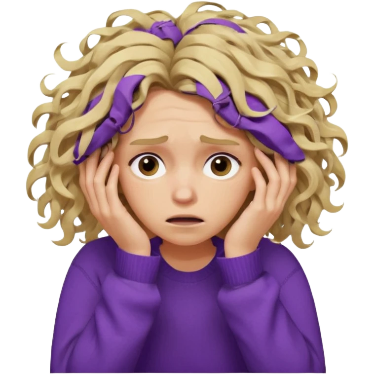 Emoji-style illustration of a frustrated young woman, messy, tangled, curly tousled blonde hair, clearly unkempt and chaotic, wearing a purple sweater, holding her face in her hands, expressing annoyance and disappointment, cartoonish, expressive, simple lines, flat colors, clear silhouette,  emoji