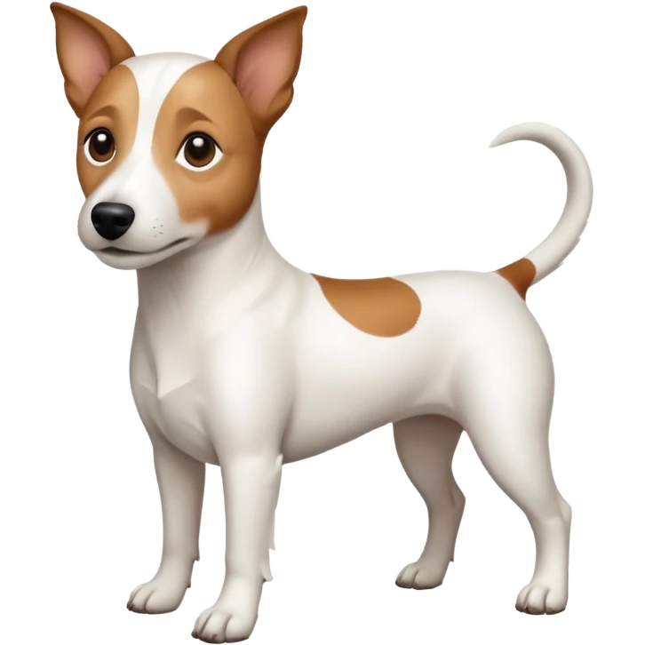 a full body white jack russel looking dog the size of a kelpie with light brown ears and a light brown patch on one eye and a large snout emoji