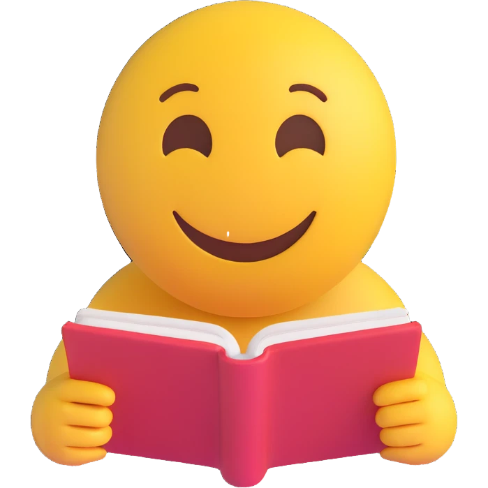 3D smiley emoji, round shape, student reading in library, blue color, calm face emoji