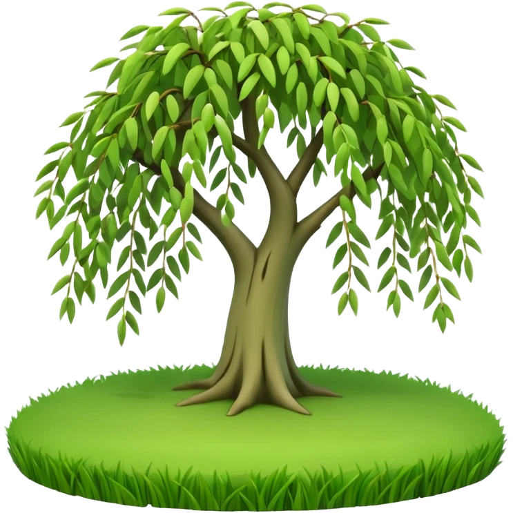 A 3D cartoon willow tree with drooping green branches over soft grass, natural sunlight, Memoji-style rendering. emoji