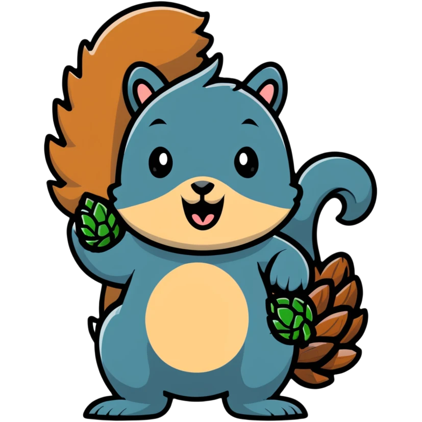Greedy little squirrel with a large pine cone balanced on top of its head, with an unsettling strange expression, looking hungry emoji