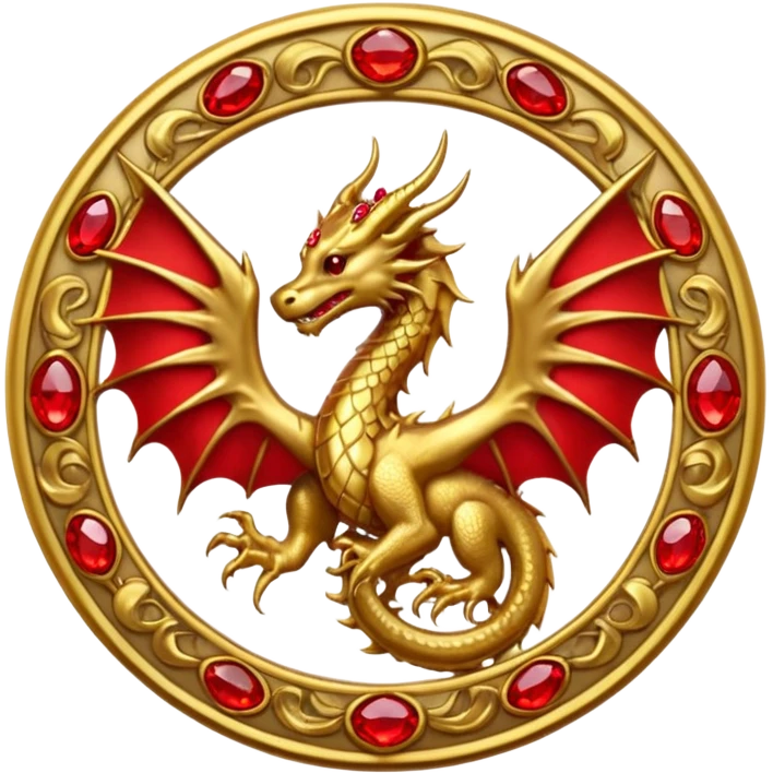 Golden dragon with wings crest / brosch in a circle with red gems and no background emoji