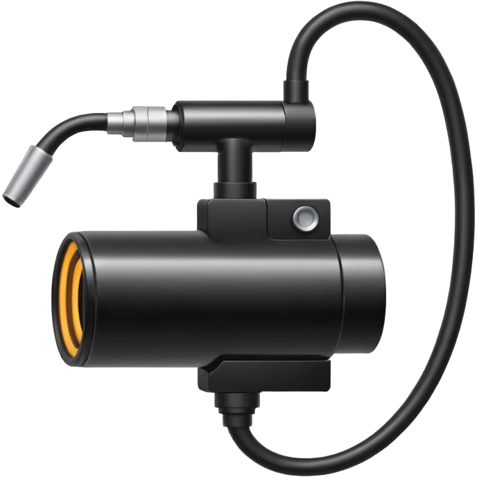 Apple emoji style icon of an endoscope. A minimalist coiled black tube ending in a glowing camera tip. Glossy, rounded emoji