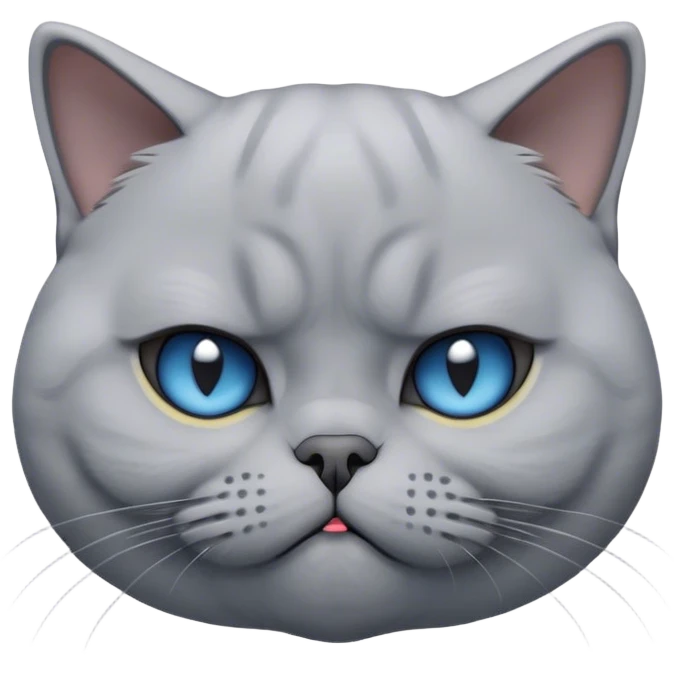 Cinematic Comical Grey British Shorthair Cat Portrait Emoji, Head tilted with a scrunched, grumpy expression, sleek soft grey fur with subtle blue undertones, Simplified yet sharp features, highly detailed, glowing with a slightly sarcastic glow, high shine, poised but with a comically displeased demeanor, stylized with an air of playful disdain, focused yet unimpressed, soft glowing outline, capturing the essence of a grumpy yet endearing kitty, so lifelike it feels like it could give you an exaggerated sigh and a disapproving stare at any moment! emoji