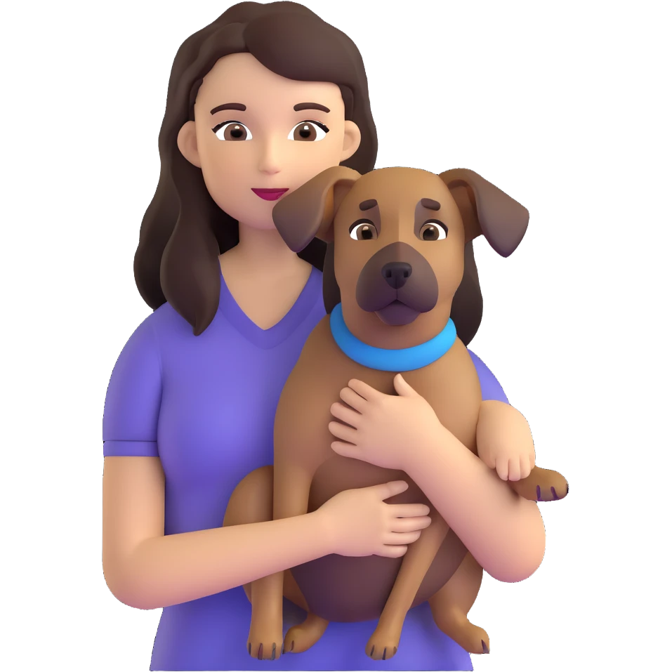 woman with long dark brown hair holding a Malinois dog in her arms emoji