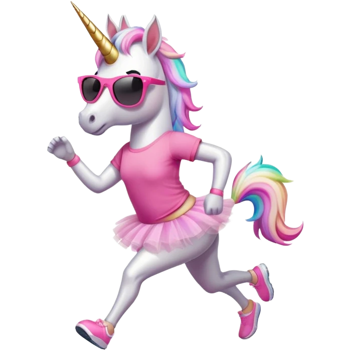 friendly anthropomorphised female unicorn in tutu and pink t-shirt, wearing dark sunglasses, jogging upright in standard pose emoji
