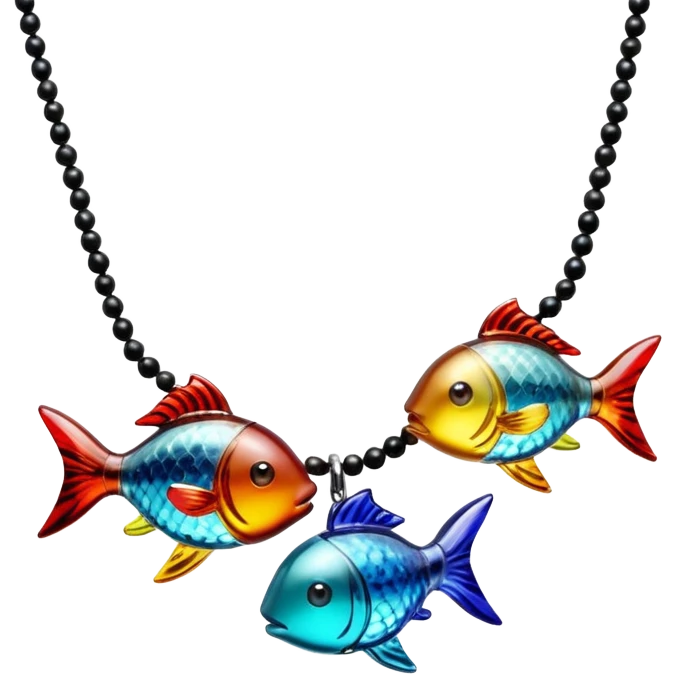 Hyperrealistic, mircodetailed, colorful and bold, Desert Lobby's Big Fish Little Fish - Handmade Colorful Glass Necklace With Dual Murano Fish Figures, isolated 3d rendering, 16k emoji