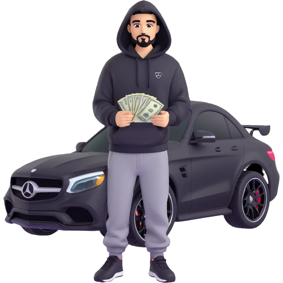 Create a 3D style image of a person with black goatee and black facial hair, wearing a hoodie and black sweatpants. The person is holding realistic US dollar bills. An AMG car is behind him. Use the reference image for pose and vibe. Avoid chrome style, focus on a realistic 3D emoji style. emoji