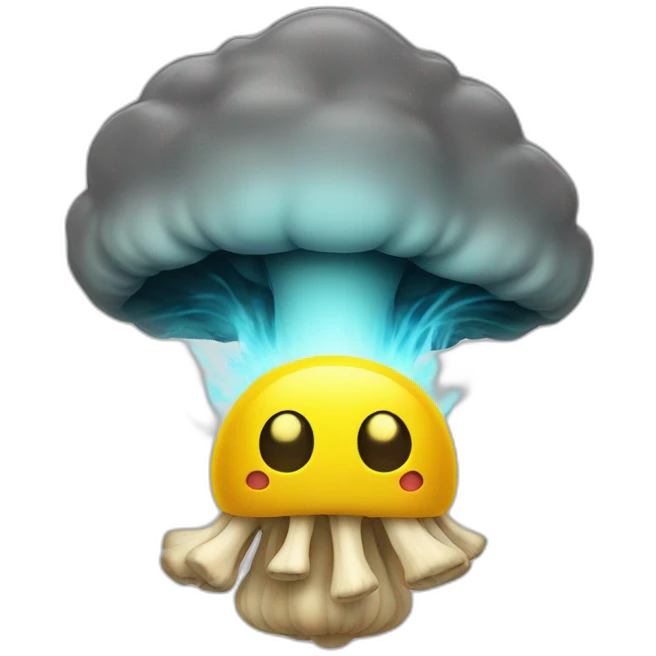 A yellow face with an open mouth, the top of its head exploding in the shape of a brain-like mushroom cloud. A visual form of the expression mind blown emoji