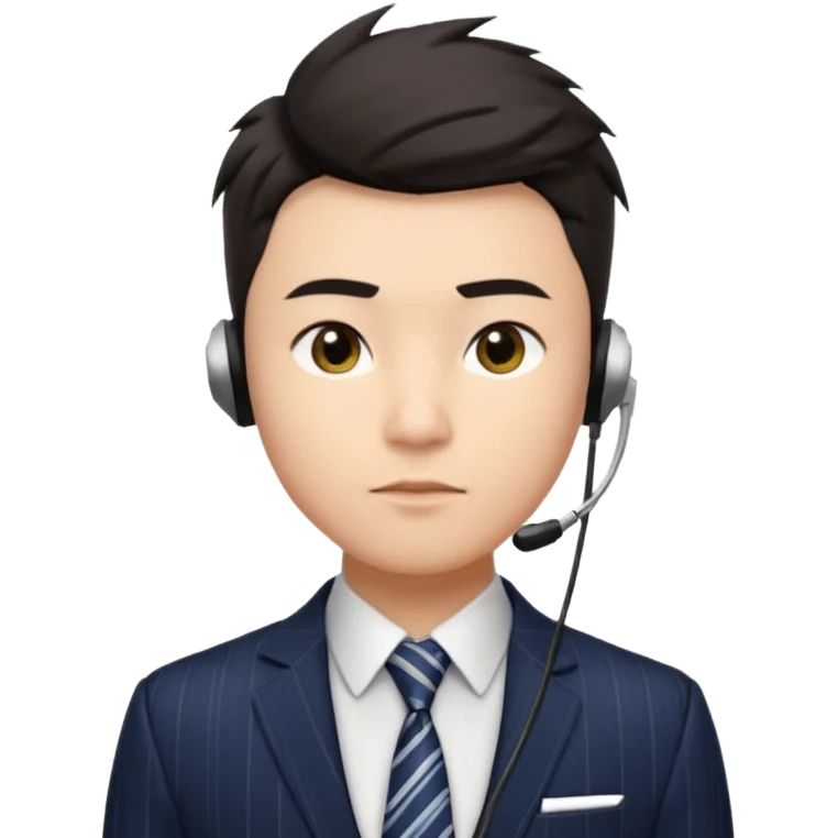 A young Asian man with light skin, short dark hair styled upward with a sharp spiked swoop in front, slightly narrowed almond-shaped eyes with a confident, knowing squint, a clean-shaven face, and a sleek single-ear headset, wearing a dark pinstripe suit with a patterned shirt tie emoji