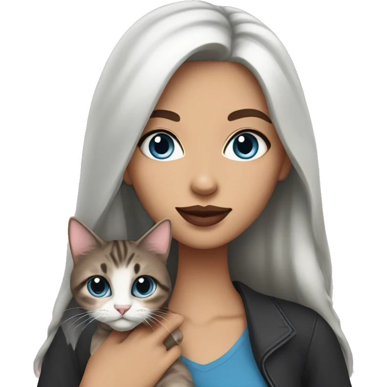Woman with dark long hair, pink lips and blue eyes holding a tabby cat  emoji