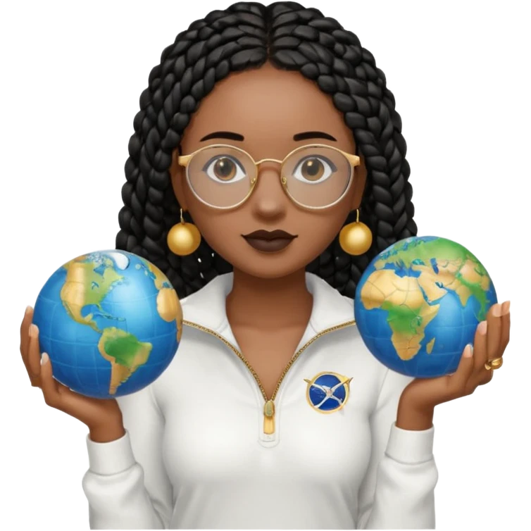 a young woman wearing fine gold round glasses and black hair in several box braids, no earrings, she has light black skin, and she's wearing a white shirt with a black quarterzip. She's holding a globe in one hand emoji