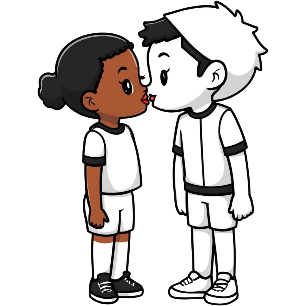black girl and white boy sharing a cute innocent kiss emoji
