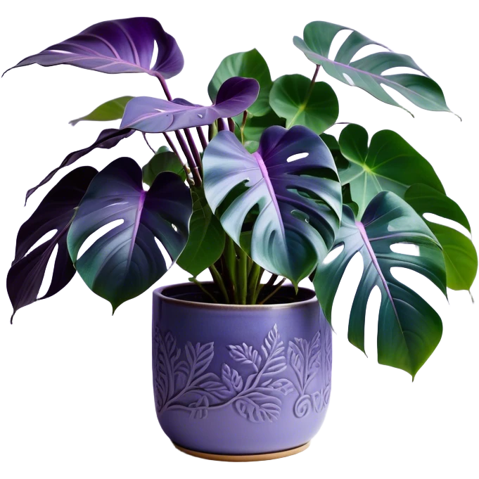 A stunning purple monstera plant with deep violet-green leaves, each leaf elegantly veined with subtle shades of purple, creating an ethereal glow. The plant is flourishing in a beautifully crafted lavender ceramic pot with intricate embossed floral patterns. The background features a softly blurred, moody violet gradient, enhancing the plant’s lush aesthetic. Delicate strands of ivy and tiny lavender blossoms cascade around the pot, adding depth and harmony. Soft, diffused lighting casts a gentle glow, emphasizing the plant’s unique coloration and creating a dreamy, artistic composition. emoji