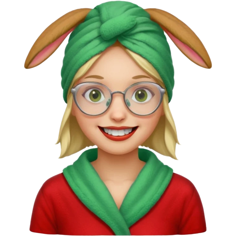 A woman who has a big rabbit-like front teeth wearing a green towel in her head with a broken glasses on her face in red pajamas emoji