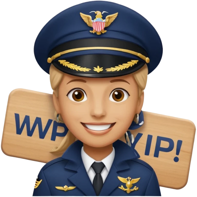 Slack-style emoji of a pilot wearing a navy captain hat holding a board with the text "WIP" on it emoji