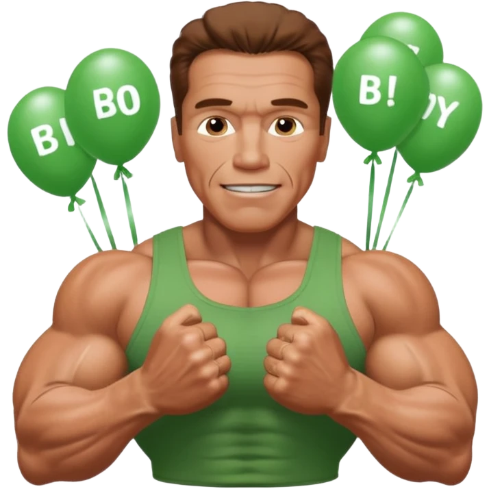 Arnold Schwarzenegger saying happy birthday . Birthday in a green color with big font . Arnold with his muscles emoji