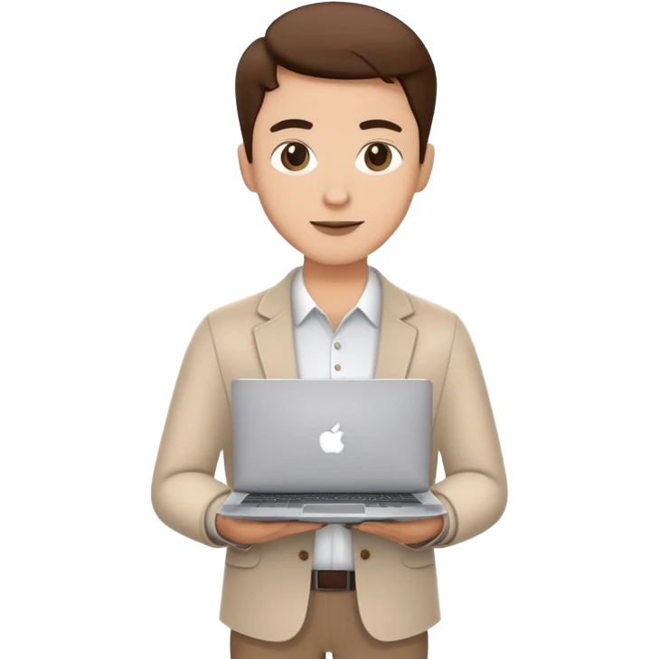 business owner confidently, holding a closed laptop in one hand and a takeaway coffee cup in the other. The character wears casual-smart clothes. emoji