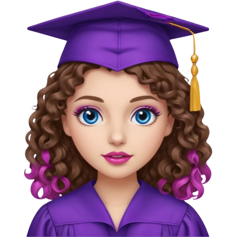 girl with curly and long wavy brown hair, blue eyes, long lashes makeup, sexy pink lips, wearing a purple graduation cap and gown emoji