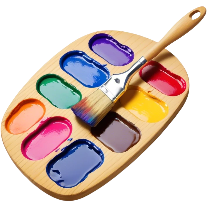 Cinematic Realistic image of a vibrant paint palette and brush, featuring a wooden palette smeared with an array of richly blended colors and a finely detailed brush with soft, delicate bristles, set against a softly textured background that evokes artistic inspiration emoji