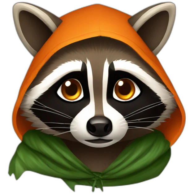 brown raccoon with orange eyes and a dark green hood that is crying emoji