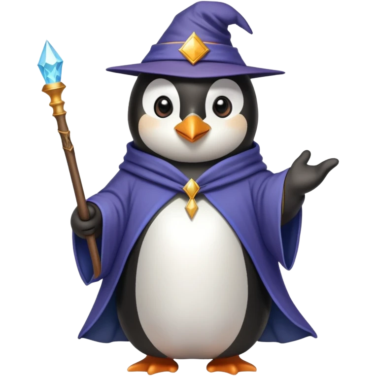 penguin wearing wizard hat and robe with magic wand emoji