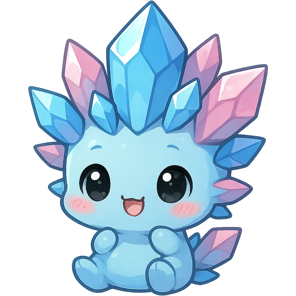 kawaii chibi crystal sprite creature, blue and pink crystals, tiny chibi proportions, adorable expression emoji