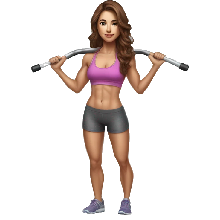 Hyperrealistic pencil drawing of athletic sexy girl in full height with brown hair and barbell emoji