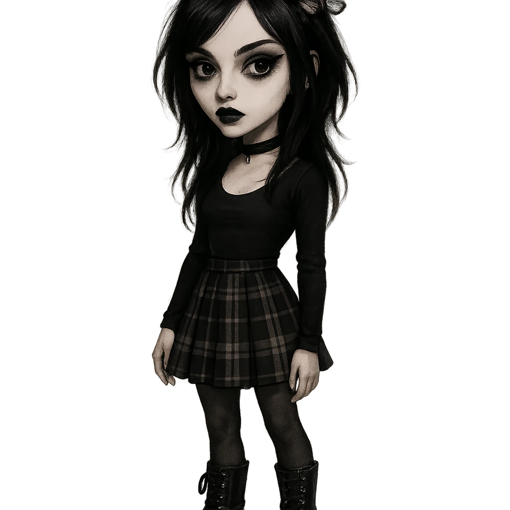 emo girl with heart-shaped face, plaid skirt, chunky boots, butterfly crown, mysterious and elegant emoji