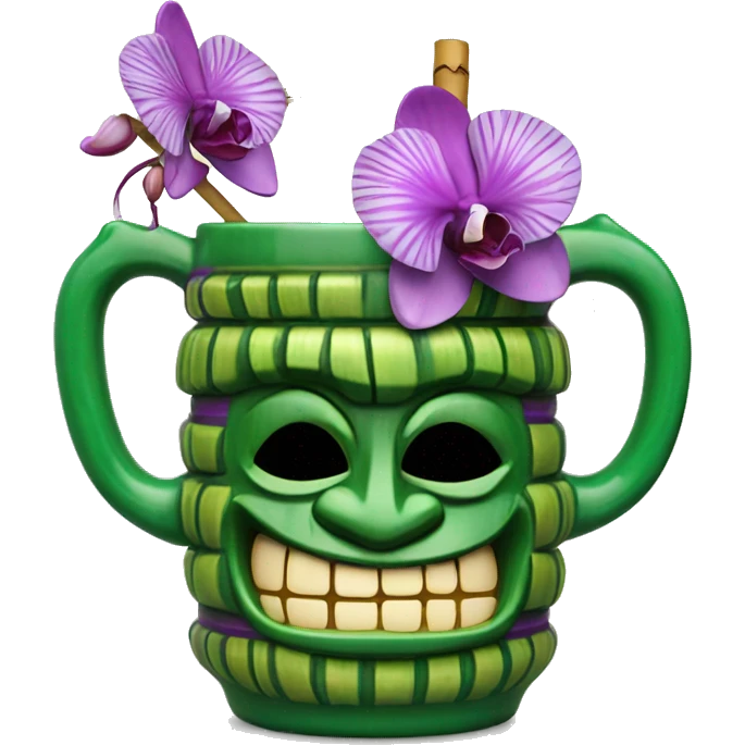 Mid century style Green tiki mug with striped straw and purple orchid garnish emoji