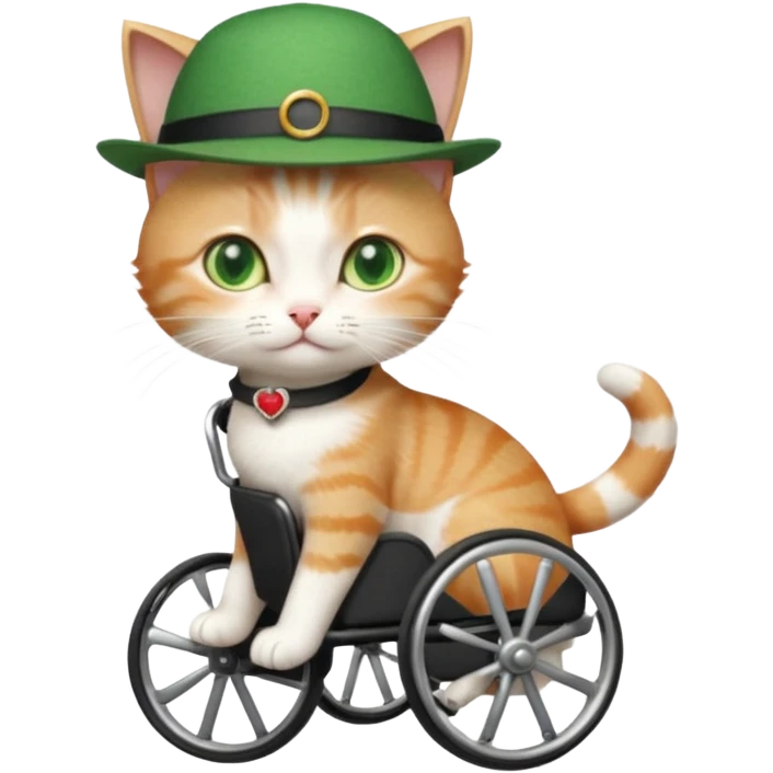 full body small short hair ginger and white cat with green eyes walking in a wheelchair for cats emoji