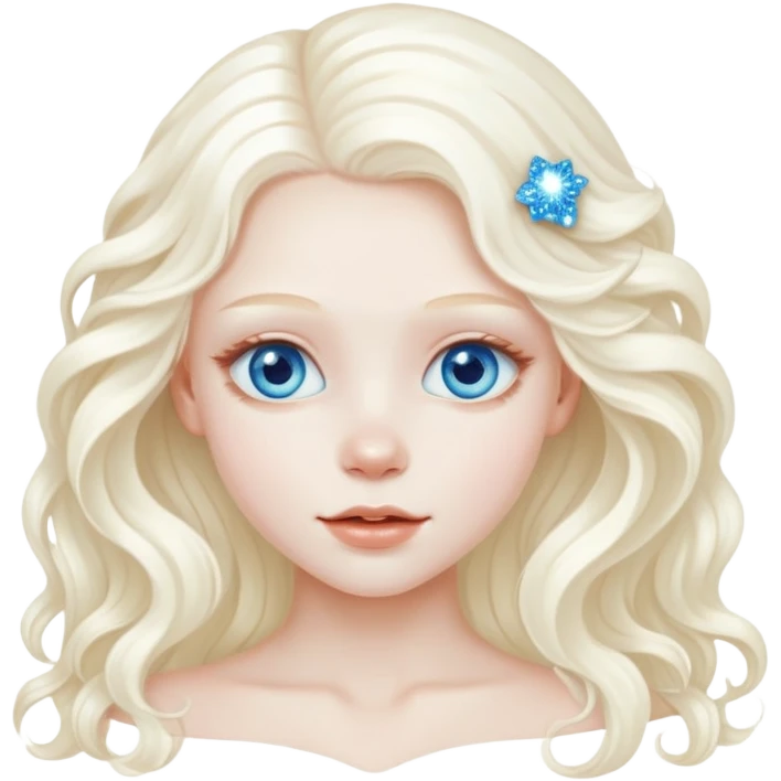 A beautiful albino girl with white long healthy and silky and wavy hair and blue sparkly eyes emoji