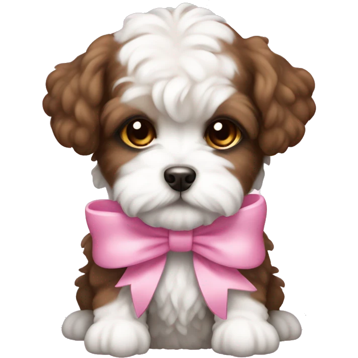 Brown and white Schichon puppy with pink bow emoji