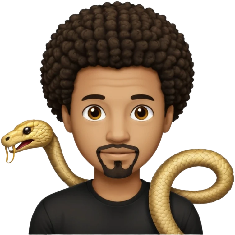 Homme noir, yeux marron avec un bouc sans la moustache, cheveux court et bouclé crépus avec un dégradé sur le côté, avec un cobra à côté , t-shirt noir  emoji