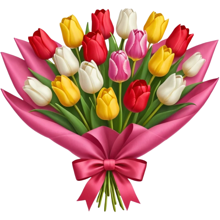 bouquet of many tulip with bow and yellow wrapping paper emoji