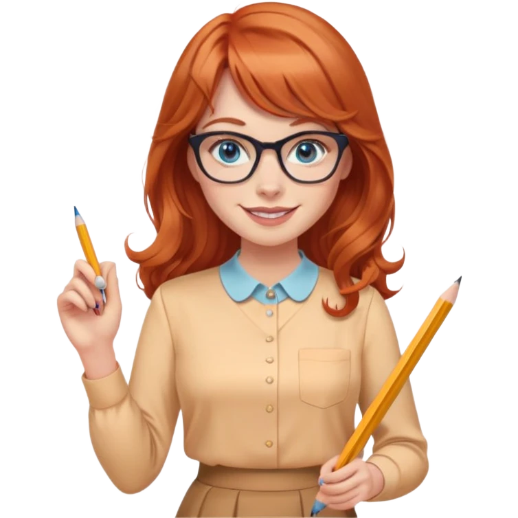 smiling redheaded woman with long wavy hair and bangs, blue eyes, cat-eye glasses, pencil skirt, apricot blouse, holding a pencil emoji