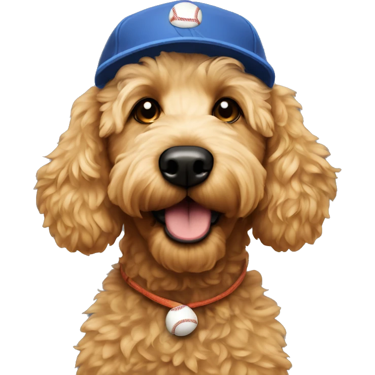 Golden doodle wearing a baseball hat emoji
