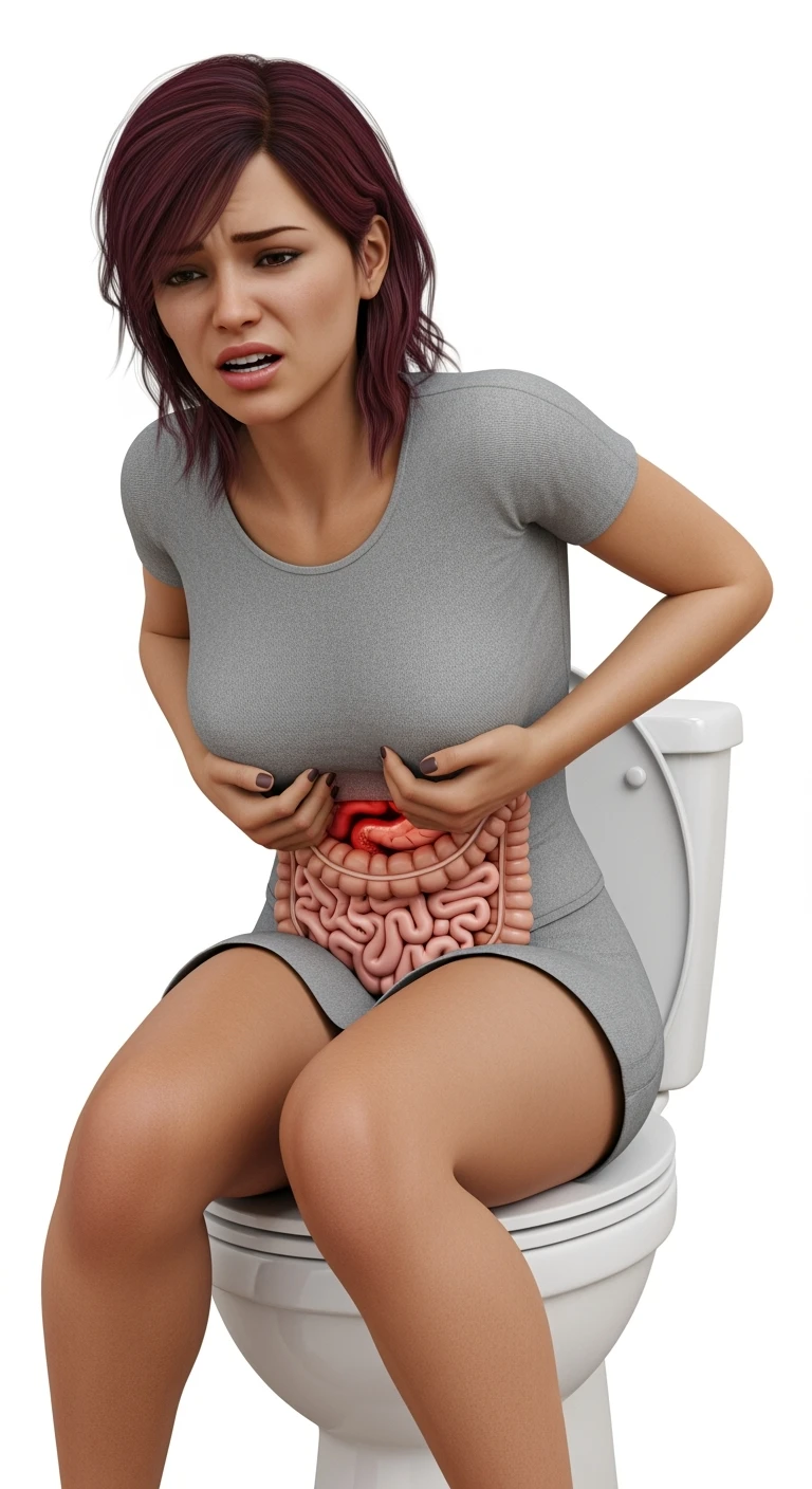 DONNA REALISTICA SEDUTA SUL WC CHE SI SFORZA CON ESPRESSIONE DI DOLORE, INTESTINO ANATOMICO REALISTICO VISIBILE, IPERREALISTICI 4K, ISOLATA SU SFONDO BIANCO emoji