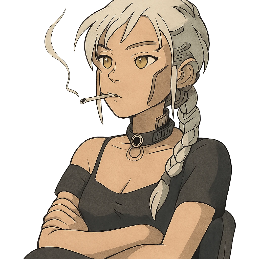  she has her arms crossed, smoking a cig, a closeup portrait of young woman with gold yellow eyes, white hair, long braid, black off-shoulder top d-cup, punk gothic style, futuristic cyberwave cyberpunk, sitting position
 emoji