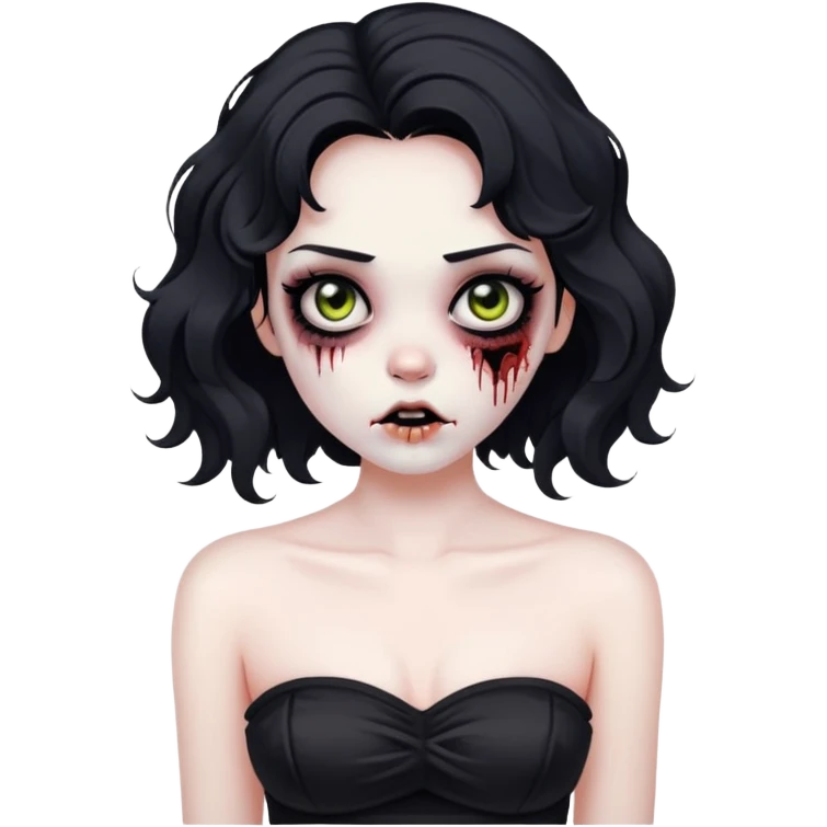 Quero uma garota Zumbi, que ela tenha cabelo preto e ondulado SÓ nas pontas! Olhos pretos, cílios, esteja usando um cropped preto tomara que caia. emoji